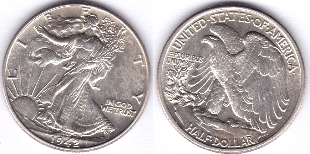 half dollar, 1942, usa, liberty walking type 1916-1947, ch unc