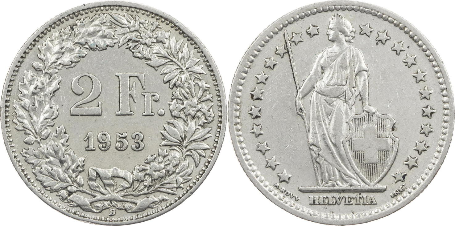 2 franken 1953 b schweiz kursmünze helvetia vf-ef