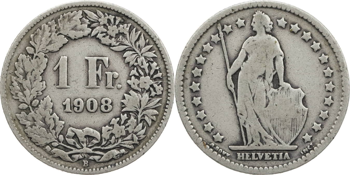 1 franken 1908 b schweiz helvetia - kursmünze (1875-1967) f-vf