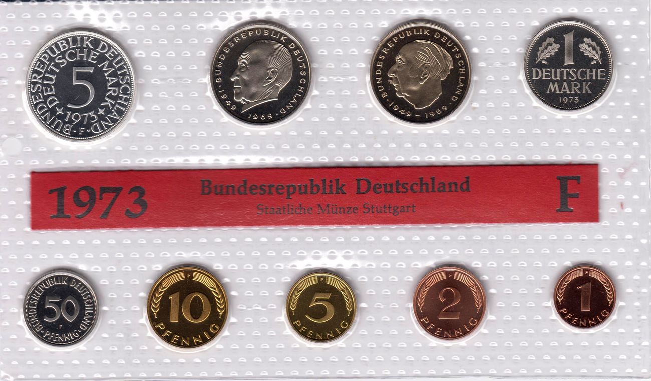 Deutschland 10 68 DM 1973 F Kursmünzen Satz 9 Münzen von 1 Pfennig bis