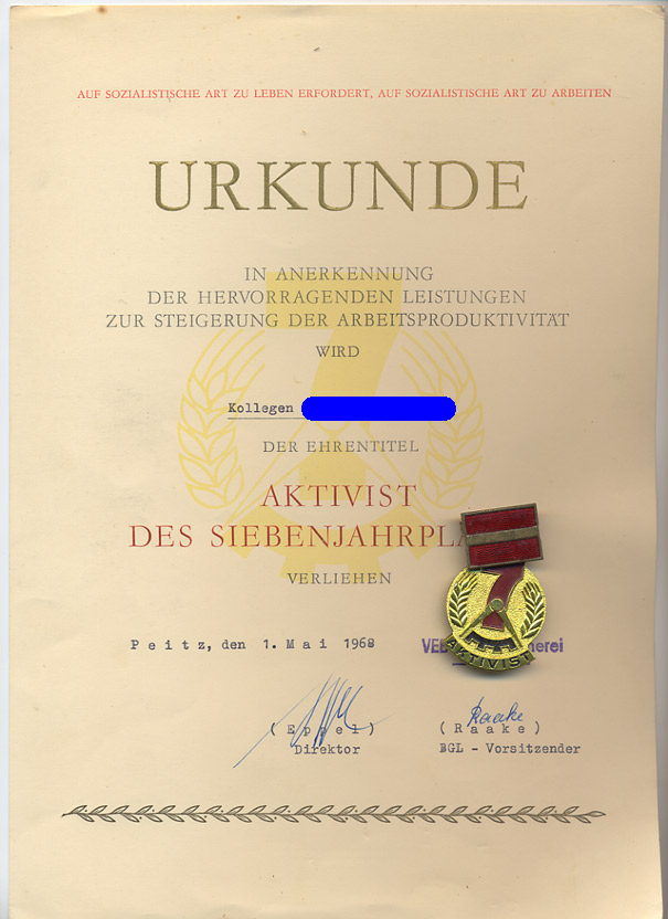 1968 ddr urkunde und auszeichnung aktivist des siebenjahres