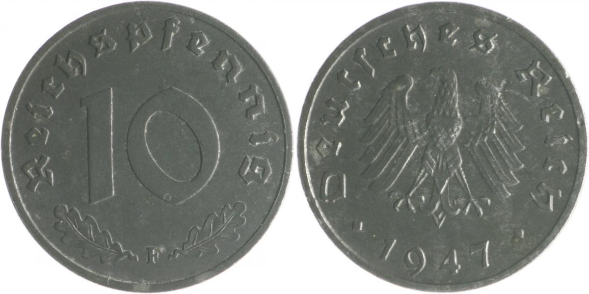 10 reichspfennig 1947 f alliierte besatzung 1945-1948 vf-ef rf.