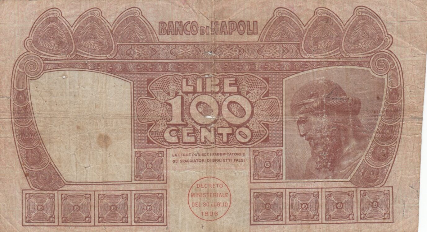 100 lire 1908 italy 100 lire banco di napoli - 1908 ff