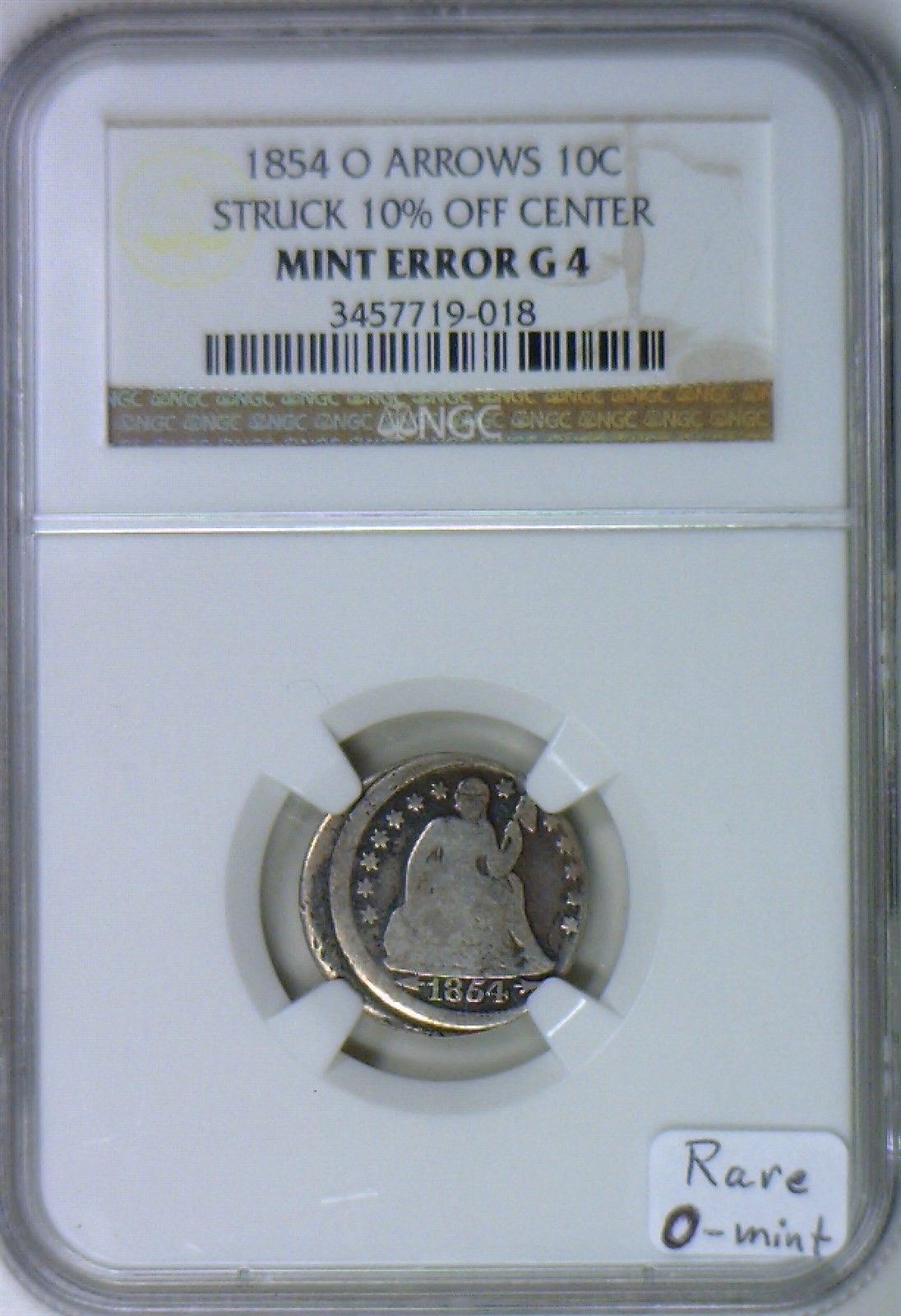 dime 1854-o usa arrows seated 10 off-center mint error ngc g-4