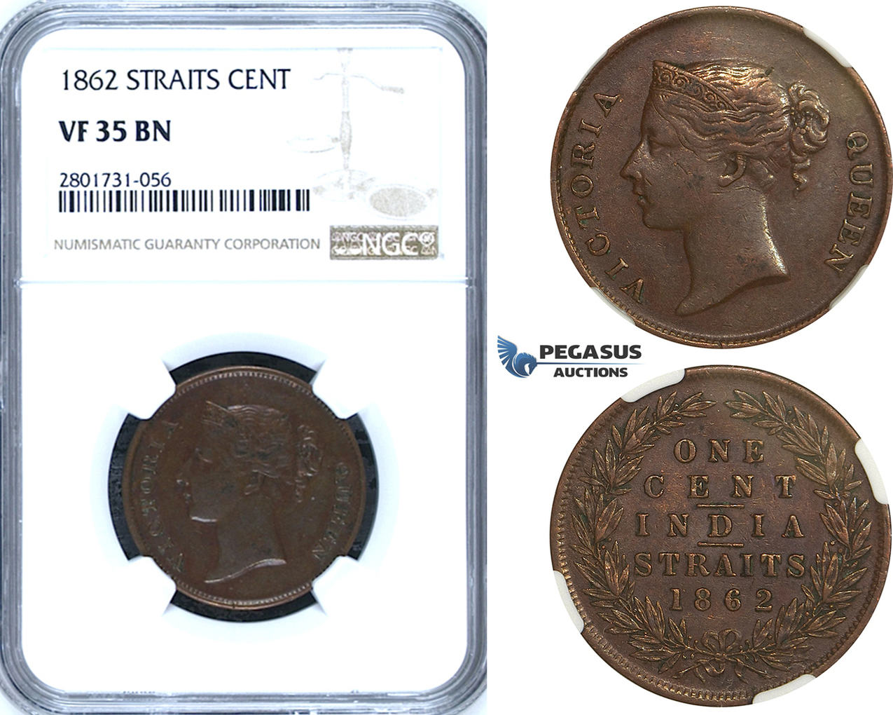 1 cent 1862 straits settlements victoria ngc vf35bn