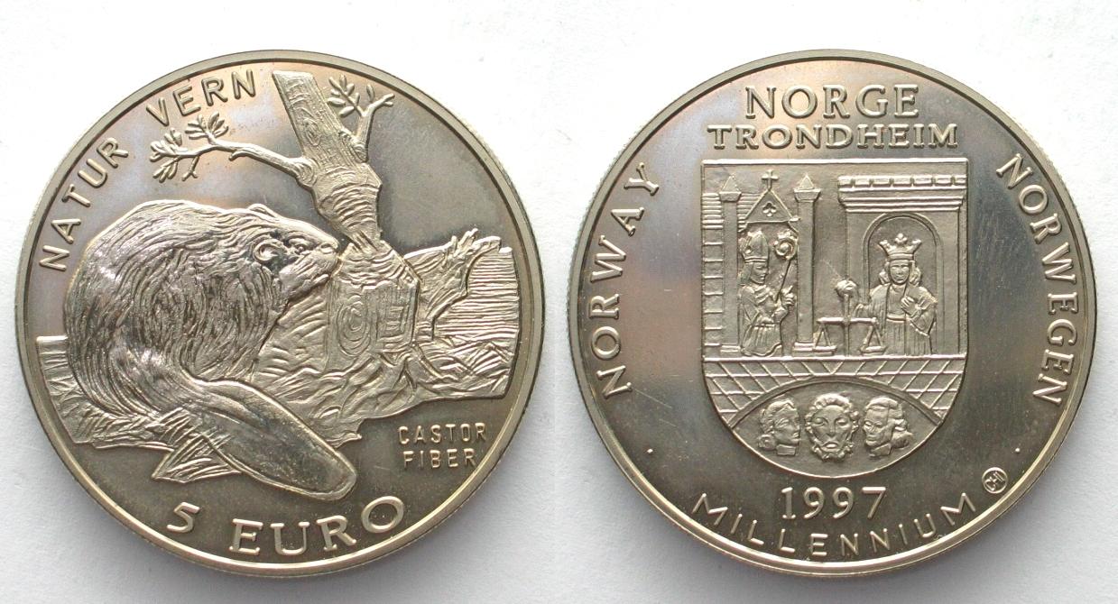 1997 norwegen norway 5 euro 1997 castor fiber trondheim cu-ni