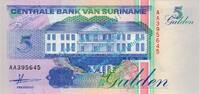Suriname 5 Gulden Banknote Suriname , 5 Gulden Schein -Bankgebäude- von 1991 in unc - kfr -