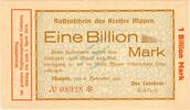 Inflation DE 1 Billion Mk. Mayen , Banknote 1 Billion Mark Schein in unc-kfr. Keller 3487.t Rheinland 1923 -