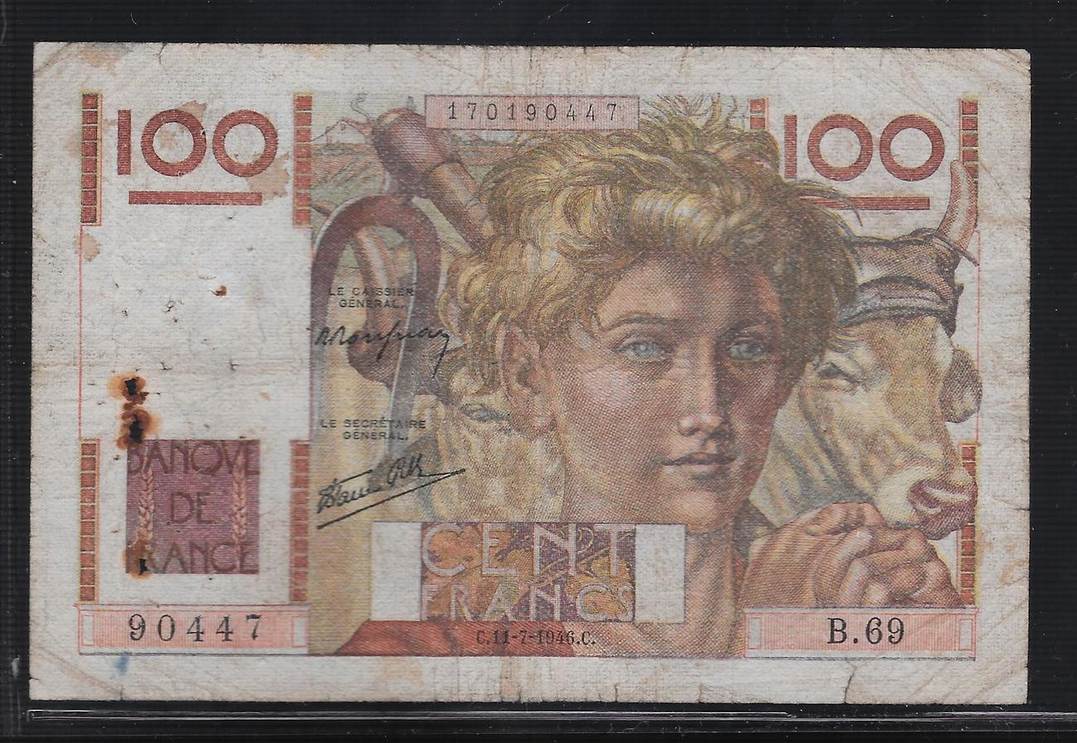 100 francs 11.7.1946 france "jeune paysan alphabet b.