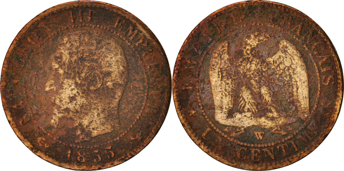 centime 1855 w france coin, napoleon iii, napoléon iii, lille