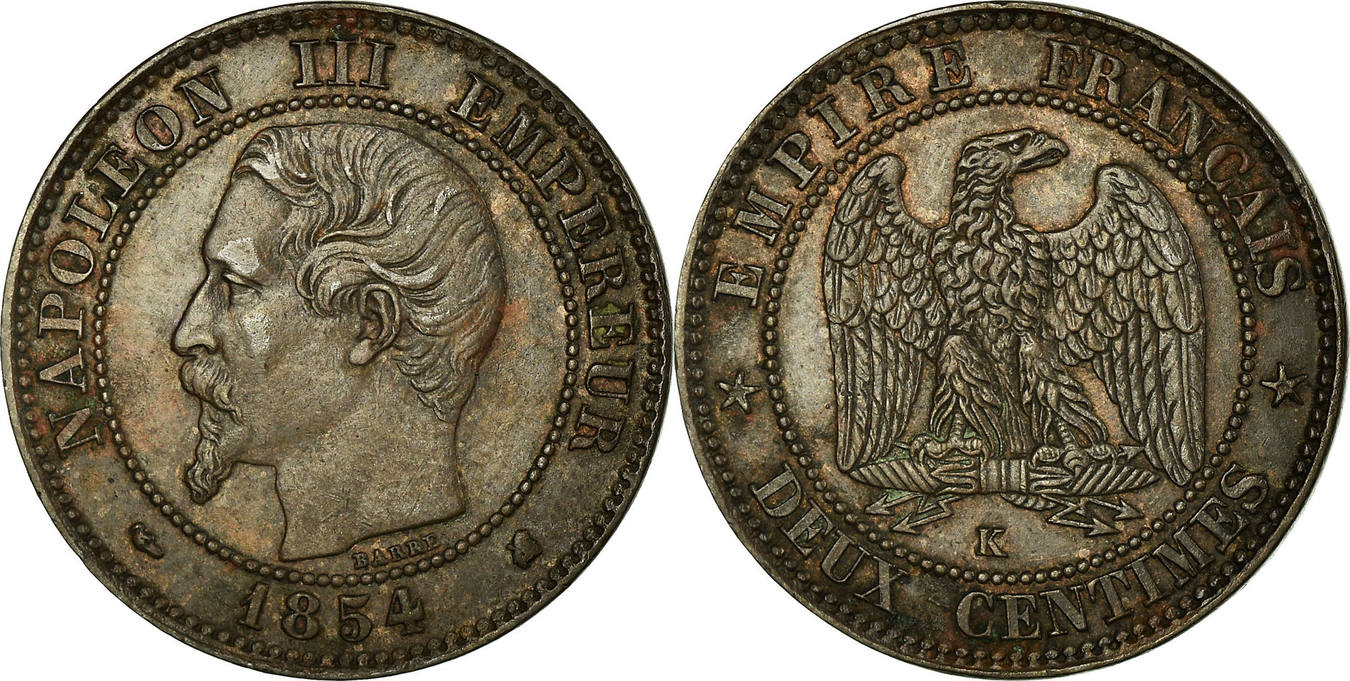 2 centimes 1854 k france coin, napoleon iii