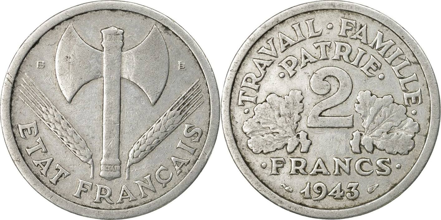 2 francs 1943 b france coin, bazor, beaumont