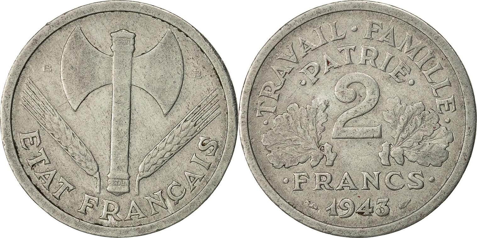 2 francs 1943 b france coin, bazor, beaumont
