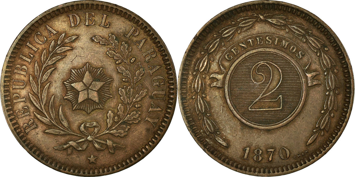 2 centesimos 1870 paraguay coin, copper, km:3 au(50