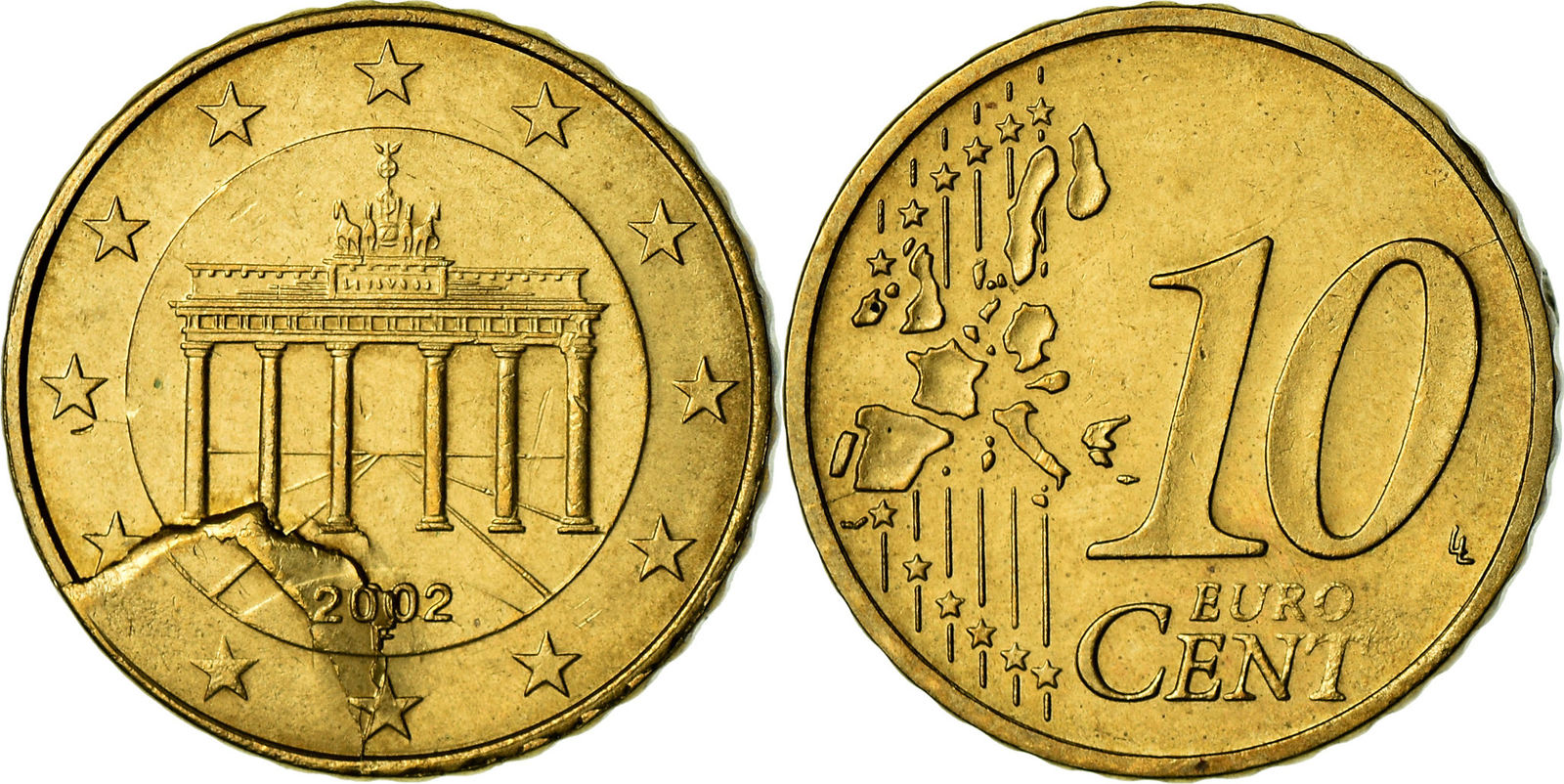 germany 10 euro cent 2002 stuttgart error shattered die and coll
