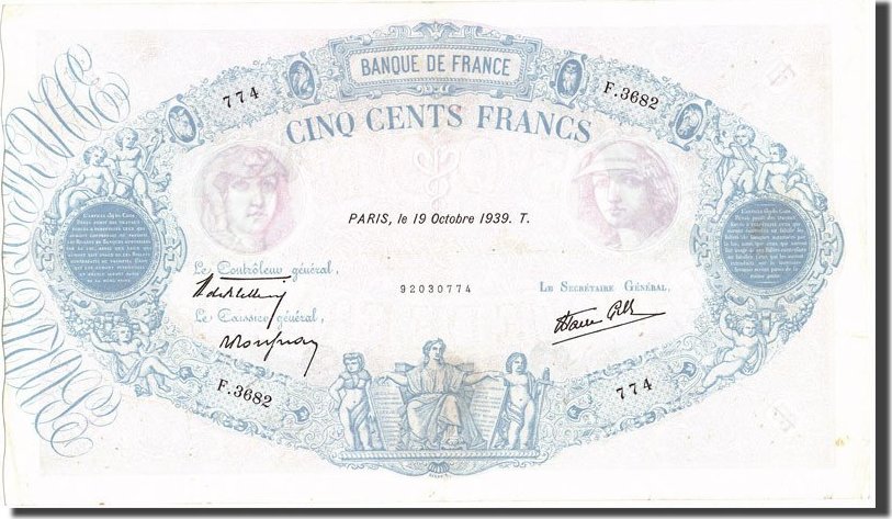 billet 500 francs Bleu et Rose, cotation
