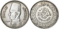 Egypt 5 Piastres Coin, Farouk, British Royal Mint, Silver -