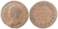 France 5 Centimes Coin, Dupré, Geneva, Bronze, Gadoury:126a -