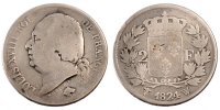 France 2 Francs Coin, Louis XVIII, Lille, Silver, Gadoury:513 -