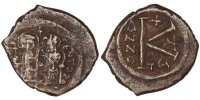 Half Follis Coin, Tiberius II Constantine, Thessalonica, Copper -