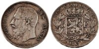 Belgium 5 Francs, 5 Frank Coin, Leopold II, Silver -