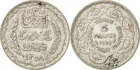 Tunisia 5 Francs Coin, Ahmad Pasha Bey, Paris, Silver, KM:264 -