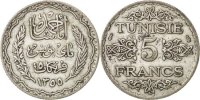 Tunisia 5 Francs Coin, Ahmad Pasha Bey, Paris, Silver, KM:261 -