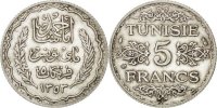 Tunisia 5 Francs Coin, Ahmad Pasha Bey, Paris, Silver, KM:261 -