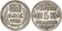 Tunisia 5 Francs Coin, Ahmad Pasha Bey, Paris, Silver, KM:261 -