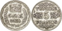 Tunisia 5 Francs Coin, Ahmad Pasha Bey, Paris, Silver, KM:261 -
