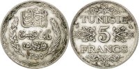 Tunisia 5 Francs Coin, Ahmad Pasha Bey, Paris, Silver, KM:261 -