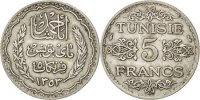 Tunisia 5 Francs Coin, Ahmad Pasha Bey, Paris, Silver, KM:261 -
