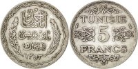 Tunisia 5 Francs Coin, Ahmad Pasha Bey, Paris, Silver, KM:261 -