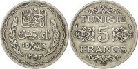 Tunisia 5 Francs Coin, Ahmad Pasha Bey, Paris, Silver, KM:261 -