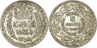 Tunisia 5 Francs Coin, Ahmad Pasha Bey, Paris, Silver, KM:264 -