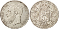 Belgium 5 Francs, 5 Frank Coin, Leopold II, Silver, KM:24 -