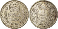 Tunisia 5 Francs Coin, Ahmad Pasha Bey, Paris, Silver, KM:264 -