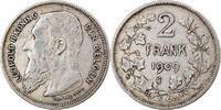 Belgium 2 Francs, 2 Frank Coin, Leopold II, Silver, KM:59 -
