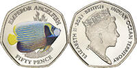 British Indian Ocean 50 Pence Coin, Emperor Angelfish, FDC.colorisée. -