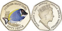 British Indian Ocean 50 Pence Coin, Powder Blue Tang., FDC.colorisée. -