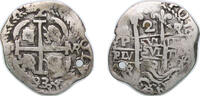 Bolivia 2 Reales Bolivia 1693 VR 2 Reales - Charles II Silver (.931) Potosi Mint 5.82g VF Double struck Holed KM 24 KM R25 -