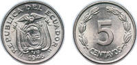 Ecuador 5 Centavos Ecuador Republic 1946 5 Centavos Copper-nickel (75% Copper, 25% Nickel) (40000000) 1.95g UNC KM 75b Schön 68b -