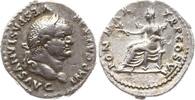 Römische Kaiserzeit, Rom Denar Vespasian, 69 - 79, bel. Kopf n.r. / Pax mit Zweig sitzt n.l. auf Thron -