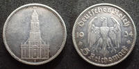 Allemagne, Deutschland, Germany, 3e Reich, Dritte 5 Mark 5 Mark Kirche 1934 E, 3e Reich, Dritte Reich, Jag.357 TTB -