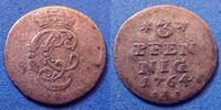Allemagne, Deutschland, Schwarzburg Sondershausen 3 pfennig Schwarzburg Sonsershausen, 3 pfennig 1764, Christian Gunther, Fischer 414, J.61, 0,77 grm, TB à TTB R! -