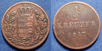 Allemagne, Deutschland, Wuerttemberg, Wurttemberg 1/2 kreuzer Wurttemberg, Wilhelm I, 1/2 kreuzer 1847, AKS.115 TTB -