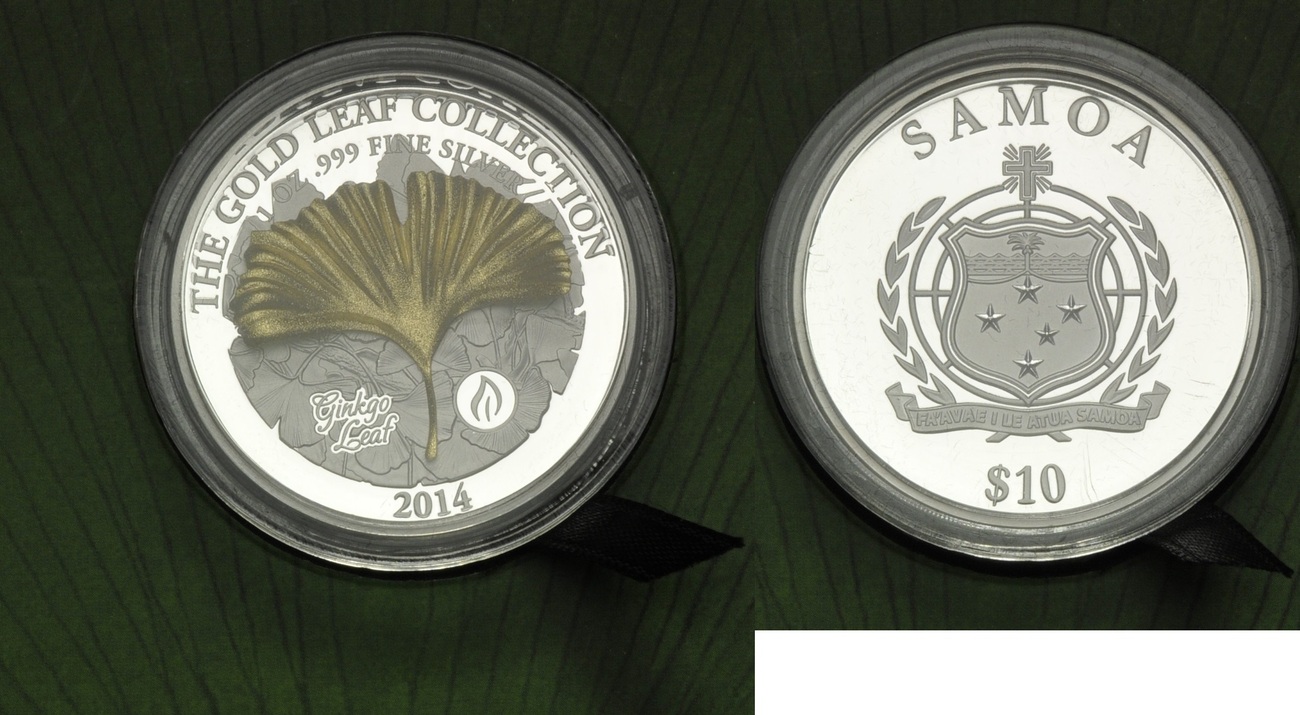 10 dollars 2014, samoa, gold leaf collection: ginkgo, ovp, etui