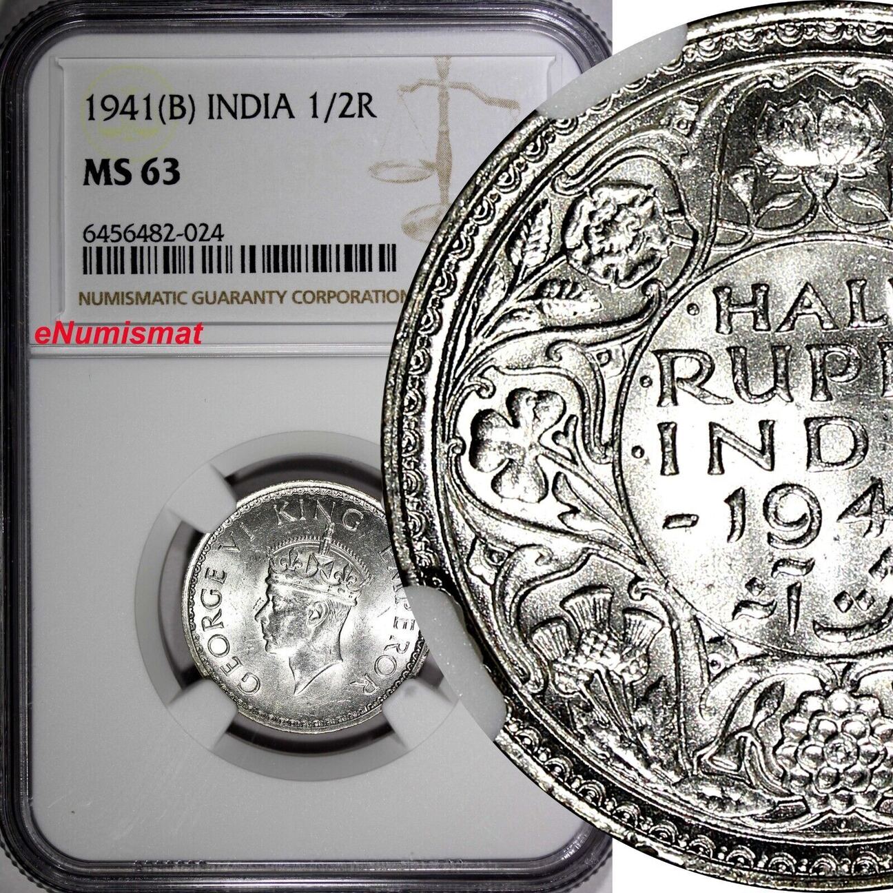 1/2 Rupee IndiaBritish VI Silver 1941 (B) Bombay NGC MS63 KM