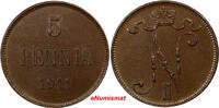 Finland 5 Pennia Finland Russian Nicholas II Copper 1911 Choice XF Condition KM# 15(09) -
