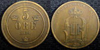 Sweden 5 Öre 1879 Sweden Oscar II Bronze 1879  Small Letters RARE DATE K... 178.30 元  ＋  106.98 元 运费